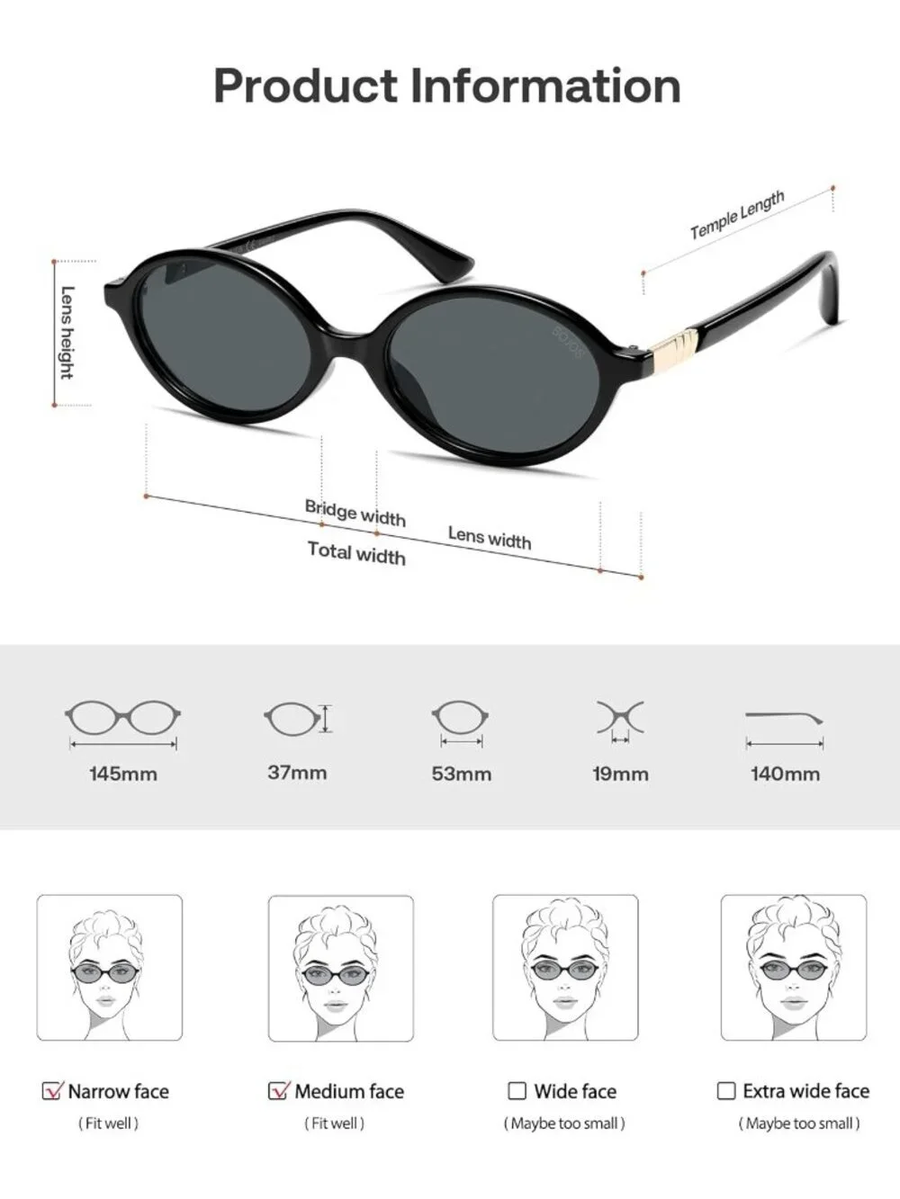 SOJOS Women's Black Grey Polarized Retro Oval Sunglasses Vintage Trendy Designer